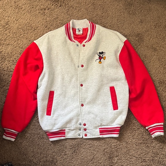 Vintage Disney Mickey Mouse Red and Gray Varsity Jacket SZ L - Picture 1 of 7